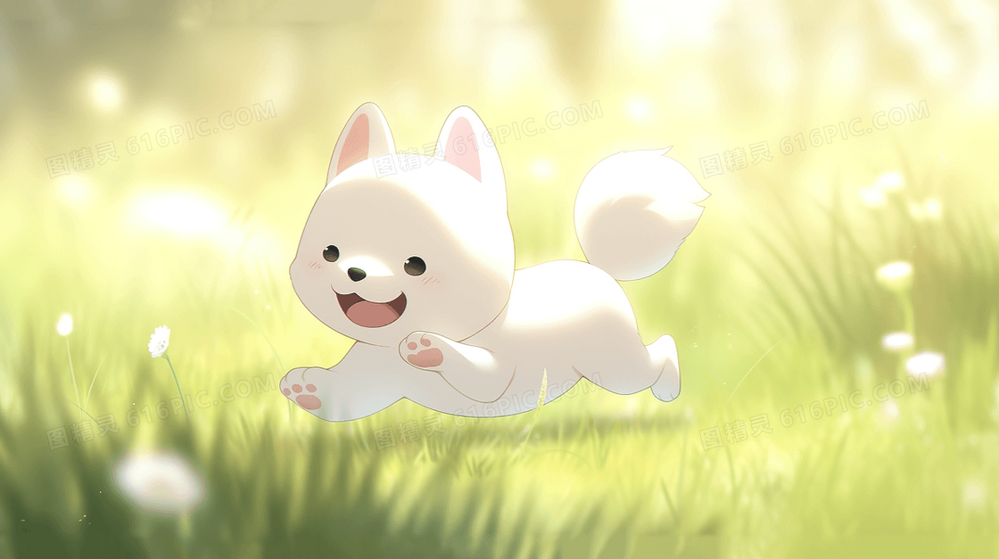 在草坪上开心奔跑的可爱小狗创意插画