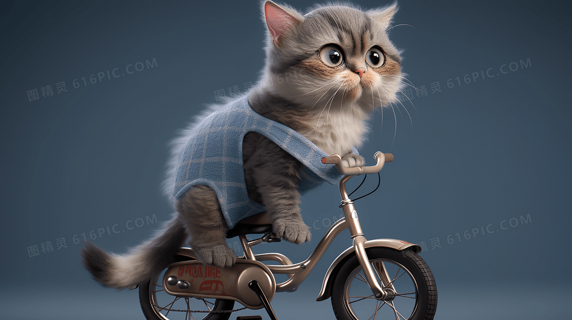 穿着牛仔外套骑自行车的可爱猫咪创意图片