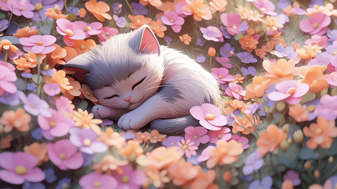 在花丛中睡懒觉晒太阳的可爱小猫创意插画