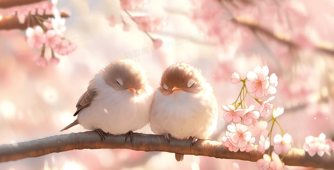 樱花树枝上两只可爱的胖乎乎的小鸟创意插画