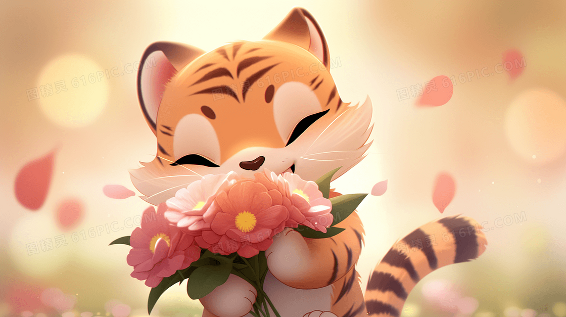 可爱的老虎宝宝开心的抱着鲜花的创意插画