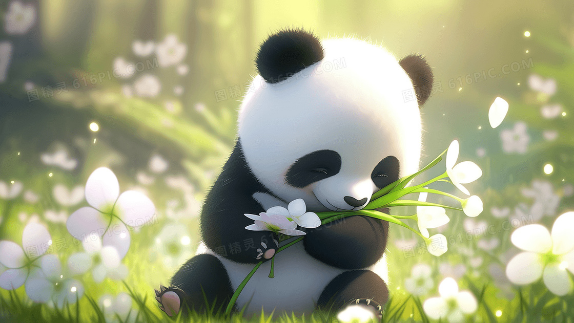 阳光下可爱的大熊猫坐在花丛中抱着鲜花创意插画