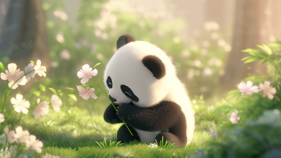 阳光下可爱的大熊猫坐在花丛中抱着鲜花创意插画