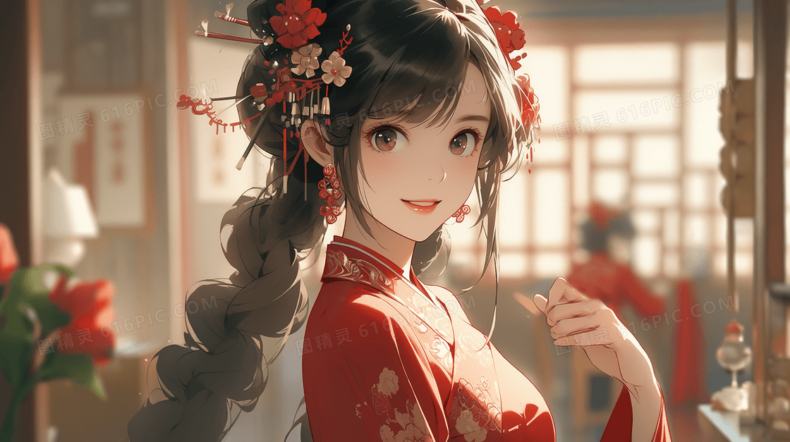 穿着红色古风造型的漫画美女创意插画