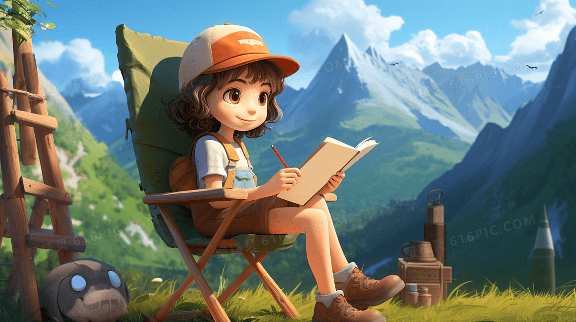 春天在山上草地上采风写生的小女孩插画背景图片下载_2912x1632像素JPG