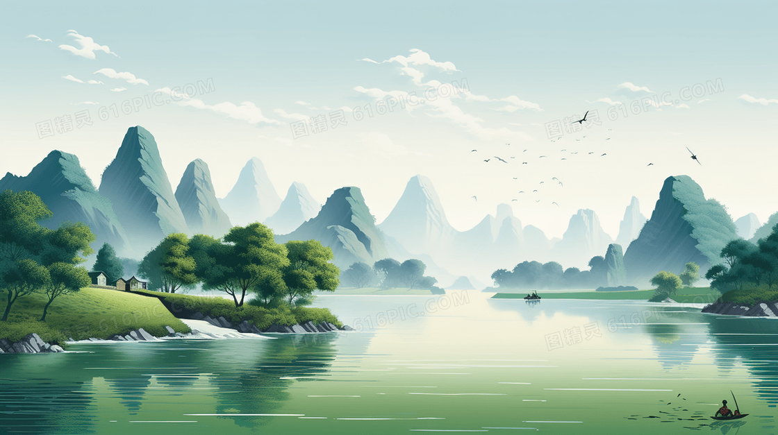 青色中国山水风光美景插画