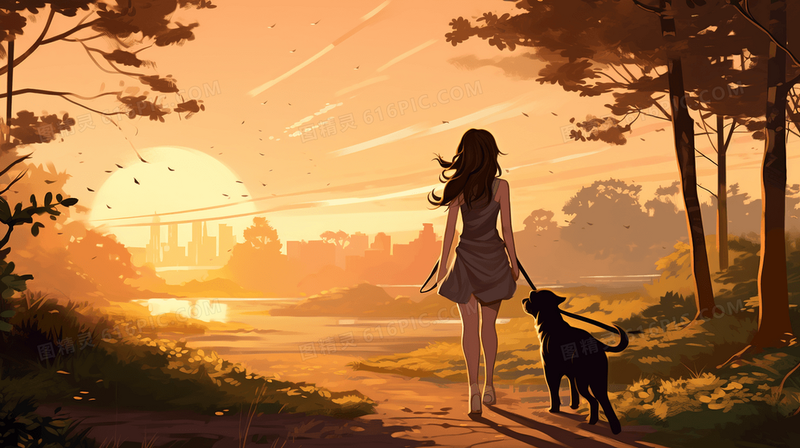 女孩牵着狗狗在林中小道散步风景插画