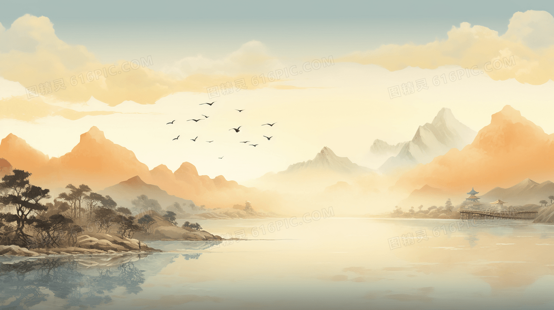 日落时分中国风古典山水风景插画