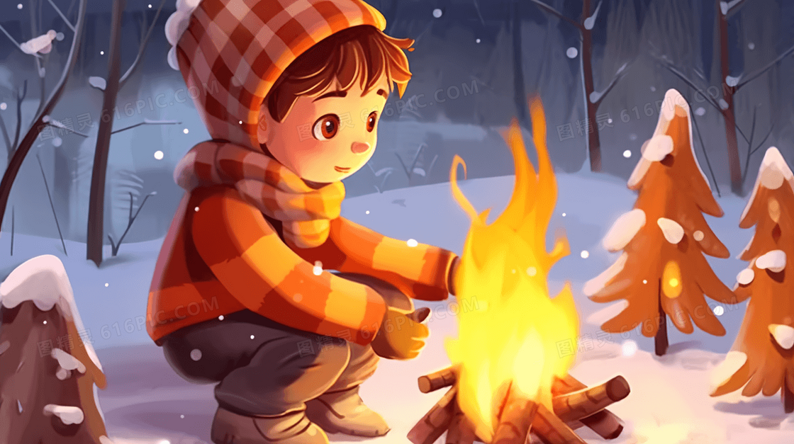 冬天雪地里火堆旁取暖的小男孩插画