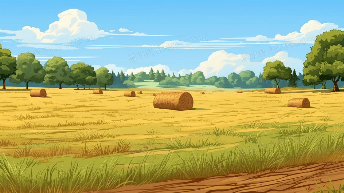 秋天堆着草垛的金色草地田园风景插画