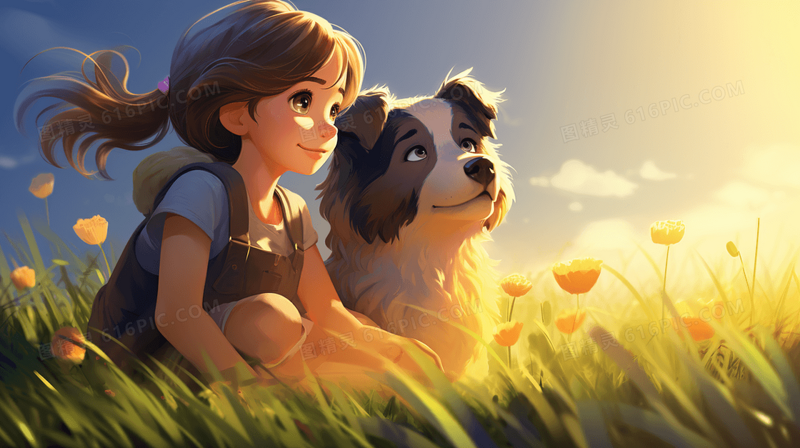女孩带着狗狗坐在开满花朵的绿色草地上唯美插画