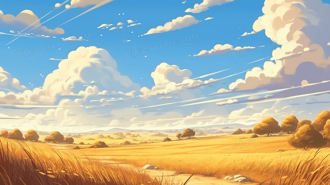 秋天一望无垠的金色草地风景插画