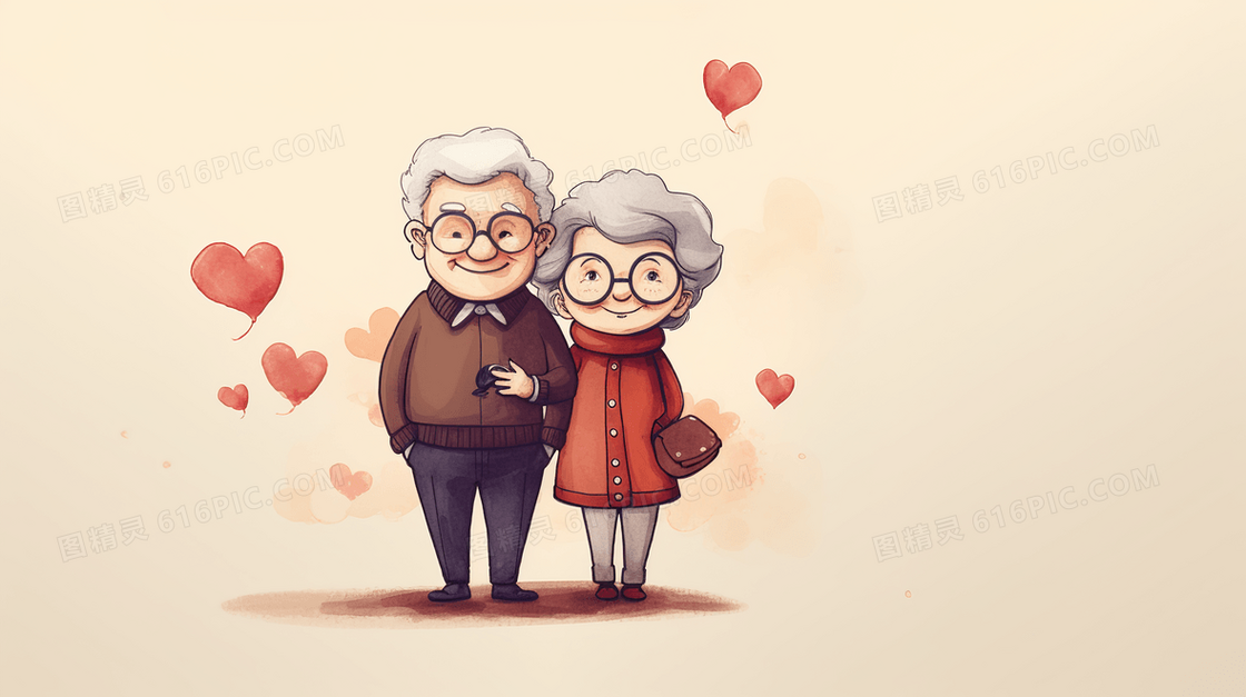 恩爱的白发老人夫妻爱情可爱卡通插画