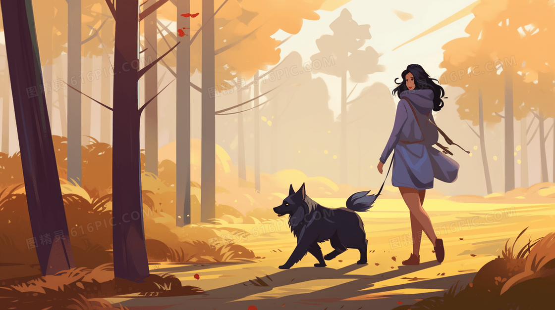 女孩牵着狗狗在林中小道散步风景插画