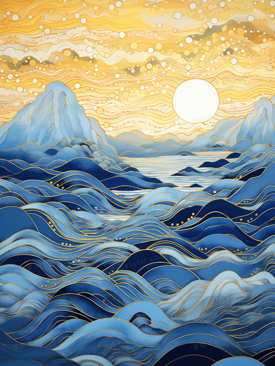 蓝色中国风山水鎏金创意插画