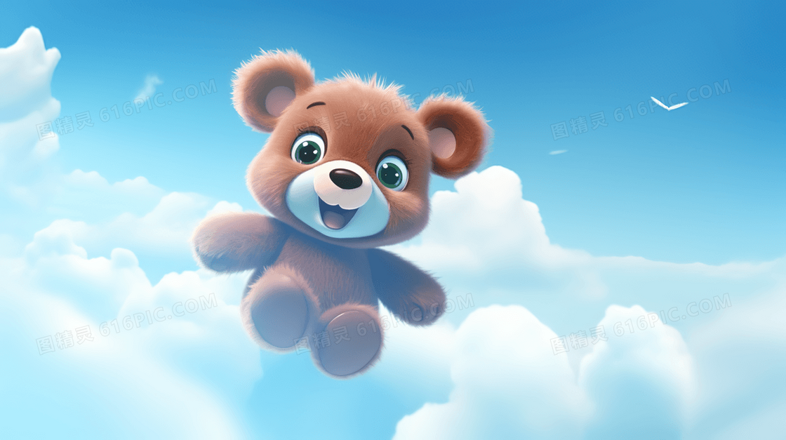 漂浮在白色云朵里的棕色可爱小熊插画
