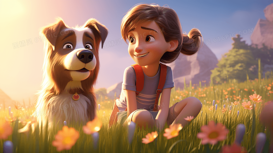 女孩带着狗狗坐在开满花朵的绿色草地上唯美插画