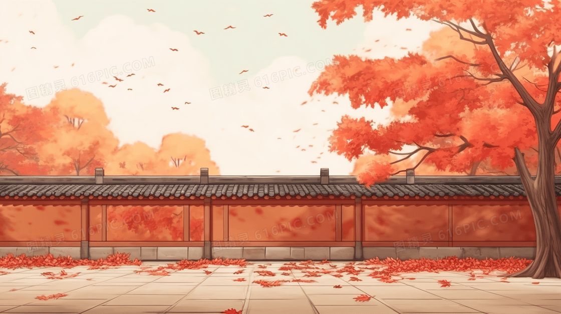 古典建筑院墙外红色枫树落叶飘满地插画