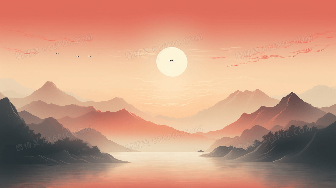 红色夕阳中国风山水风景意境插画