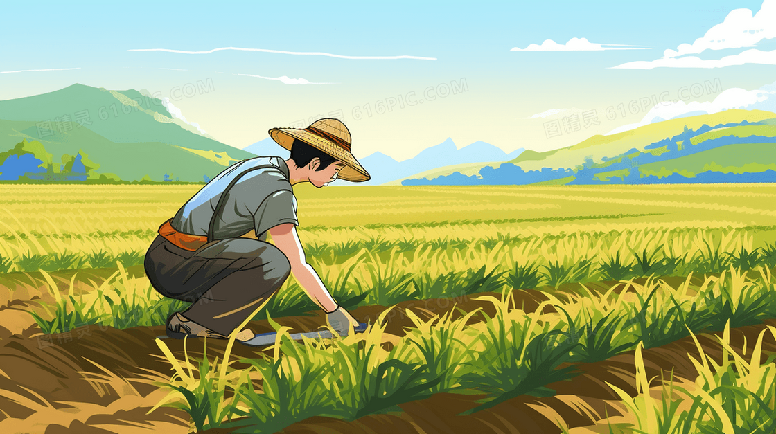 光盘行动节约粮食农民在田里插秧场景插画