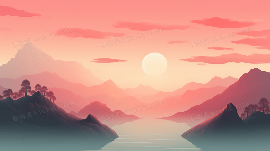 红色夕阳中国风山水风景意境插画