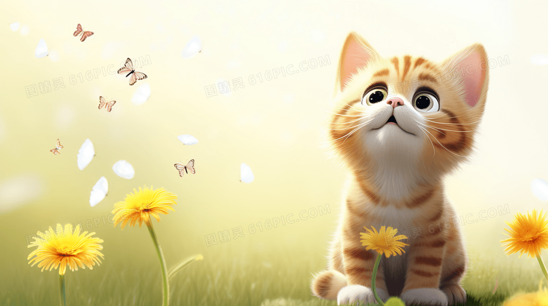春天绿色草地上被蝴蝶围绕可爱小猫咪插画