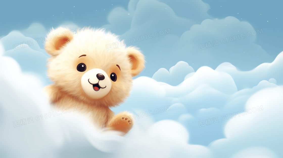 漂浮在白色云朵里的棕色可爱小熊插画