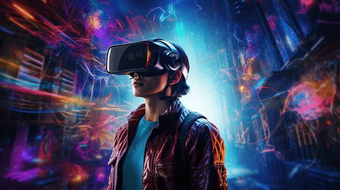 戴着VR眼镜沉浸在虚拟超现实世界的年轻人插画