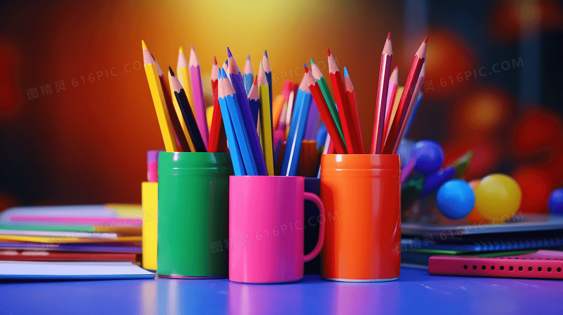 书桌上笔筒里的彩色铅笔文具插画