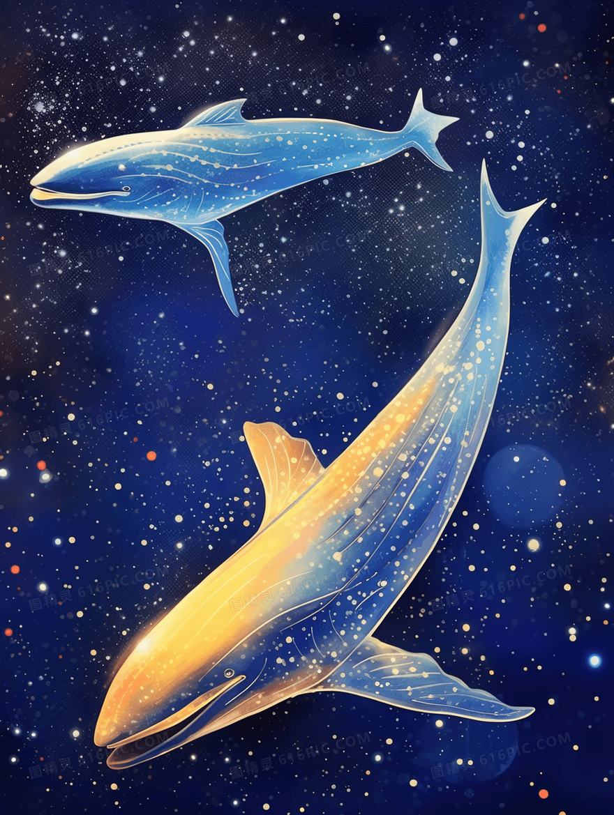 蓝色梦幻鲸鱼唯美插画