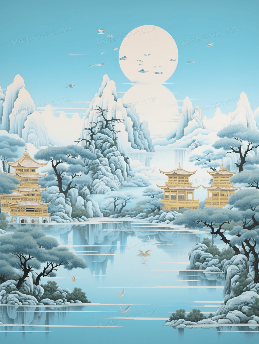 中国风立体浮雕山水风景建筑意境插画