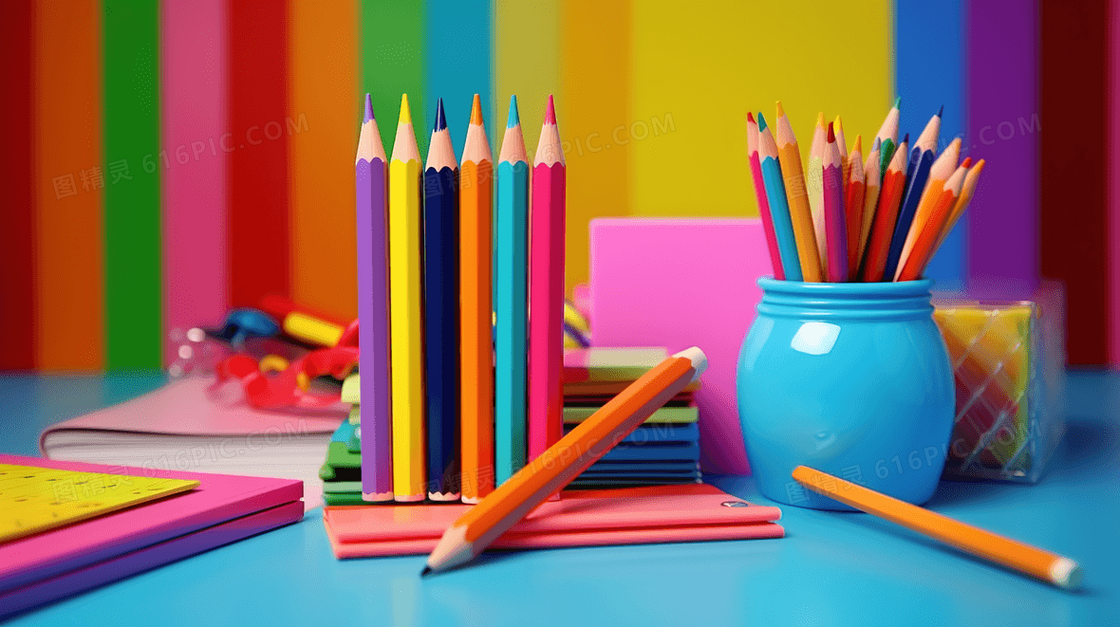 书桌上笔筒里的彩色铅笔文具插画
