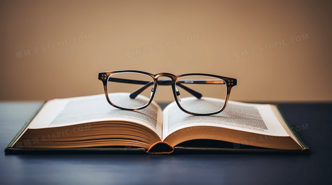 正在阅读被打开的书本上放着黑框眼镜插画