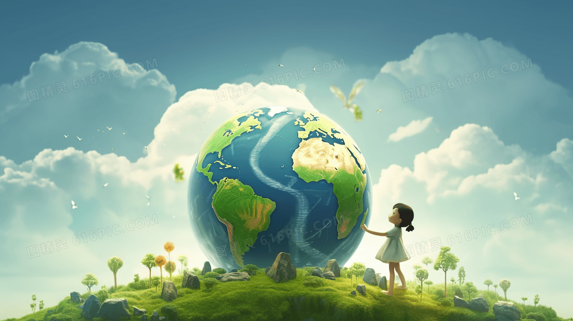 绿地上想触摸地球的小女孩生态保护插画