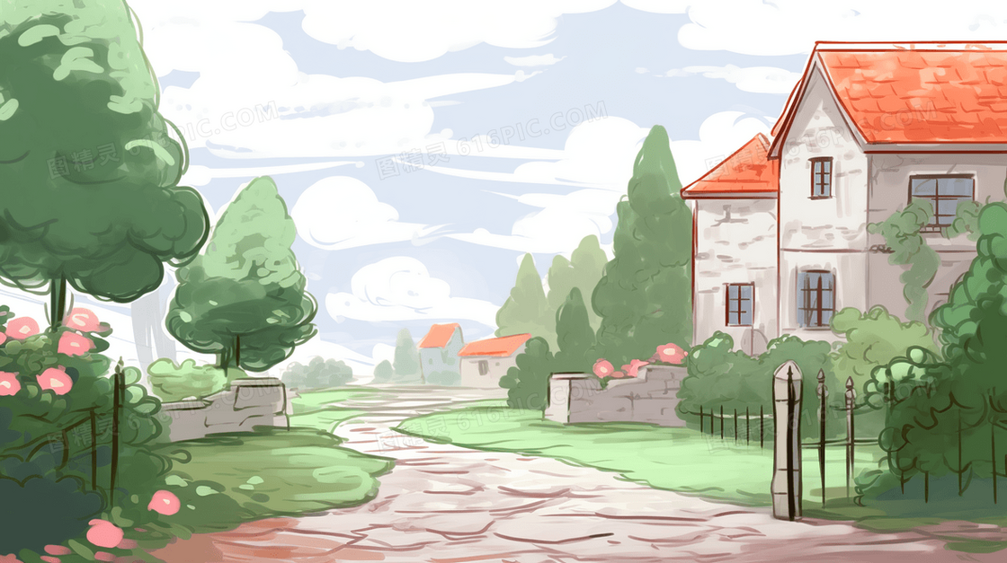 春意盎然的温馨居民小镇建筑风景插画