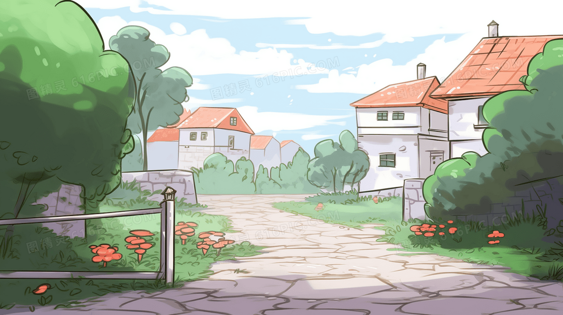 春意盎然的温馨居民小镇建筑风景插画