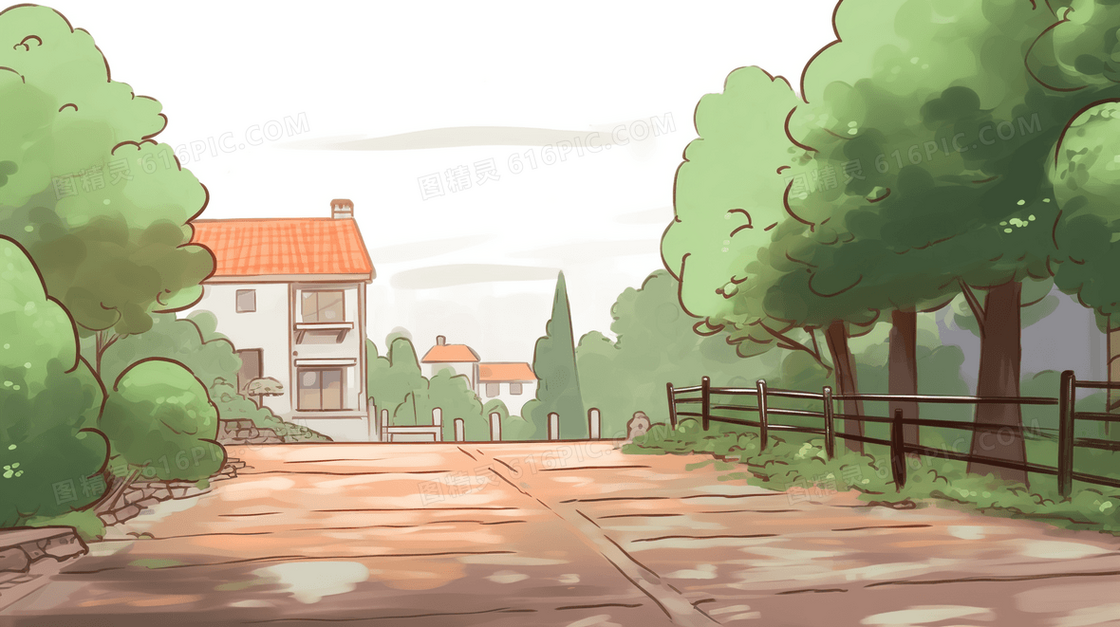 春意盎然的温馨居民小镇建筑风景插画