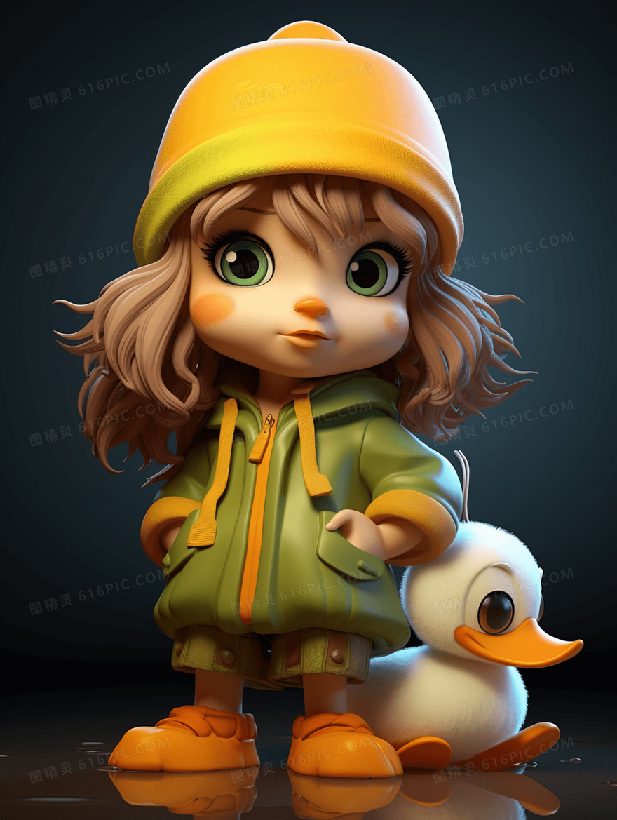 3D立体卡通可爱小女孩和小鸭子插画
