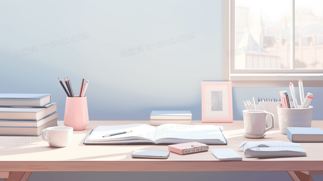 干净整洁的粉色系女孩房间书桌书本文具插画