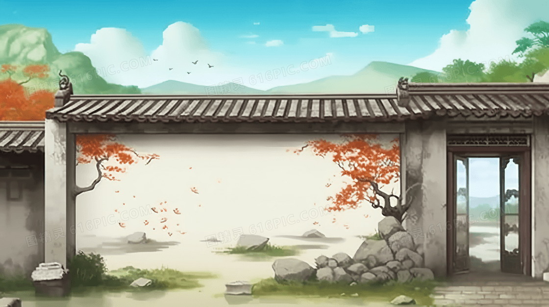 古典建筑院墙上的中国风山水风景彩绘插画