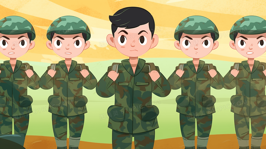 校园里穿着迷彩服参加军训的学生们插画
