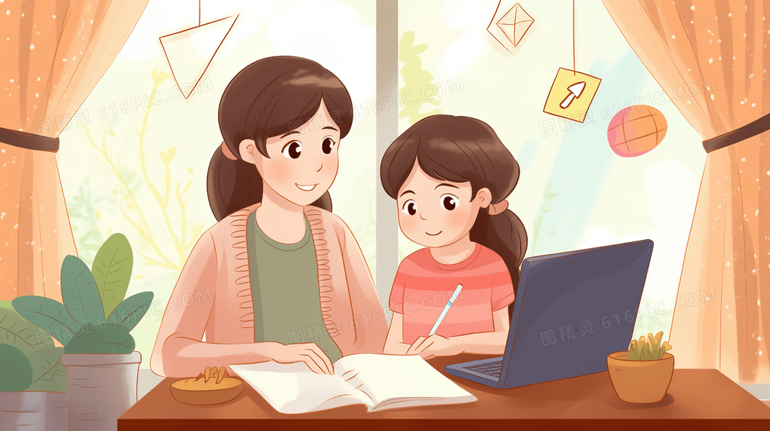 在家辅导孩子认真学习的家教老师插画