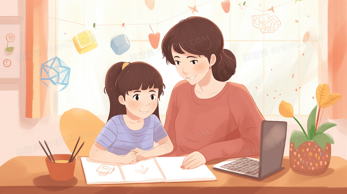 在家辅导孩子认真学习的家教老师插画