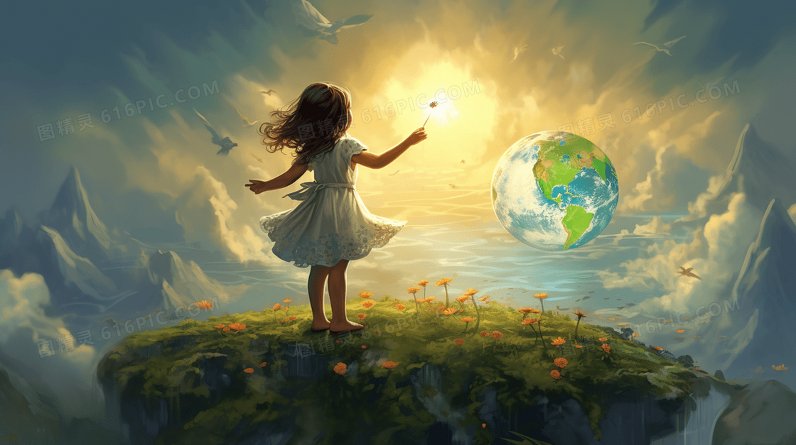 站在开满花朵的草地上仰望地球的小女孩风景插画