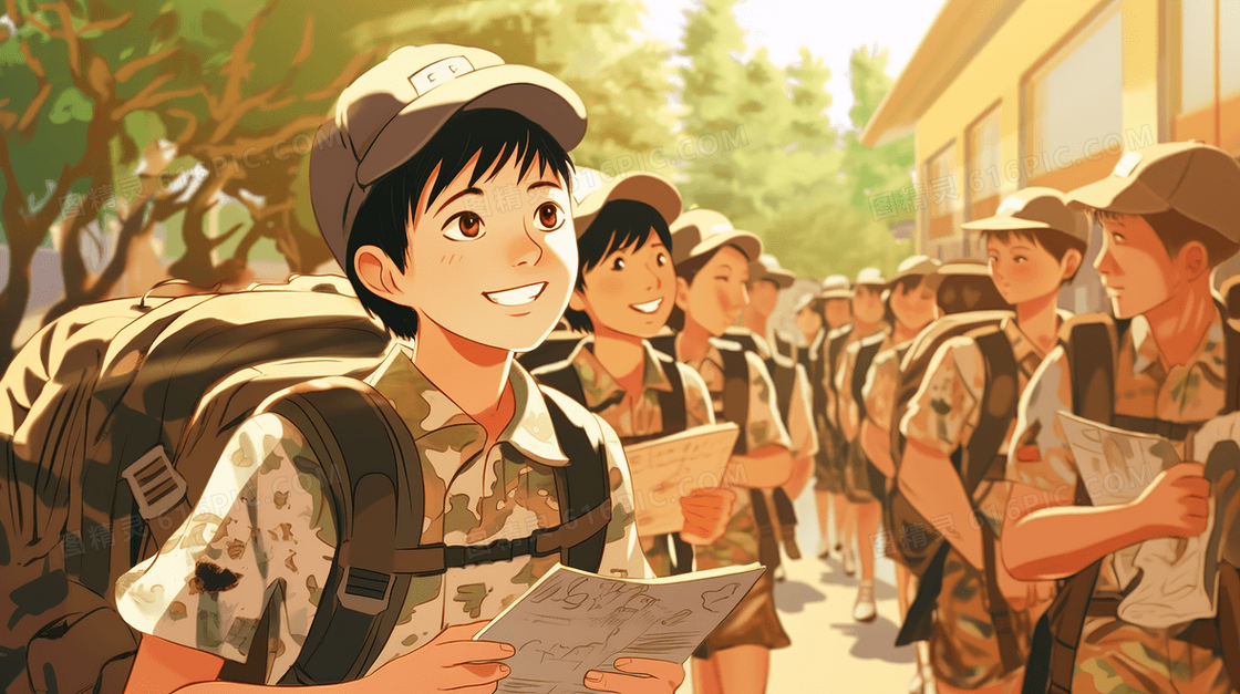 校园里穿着迷彩服参加军训的学生们插画