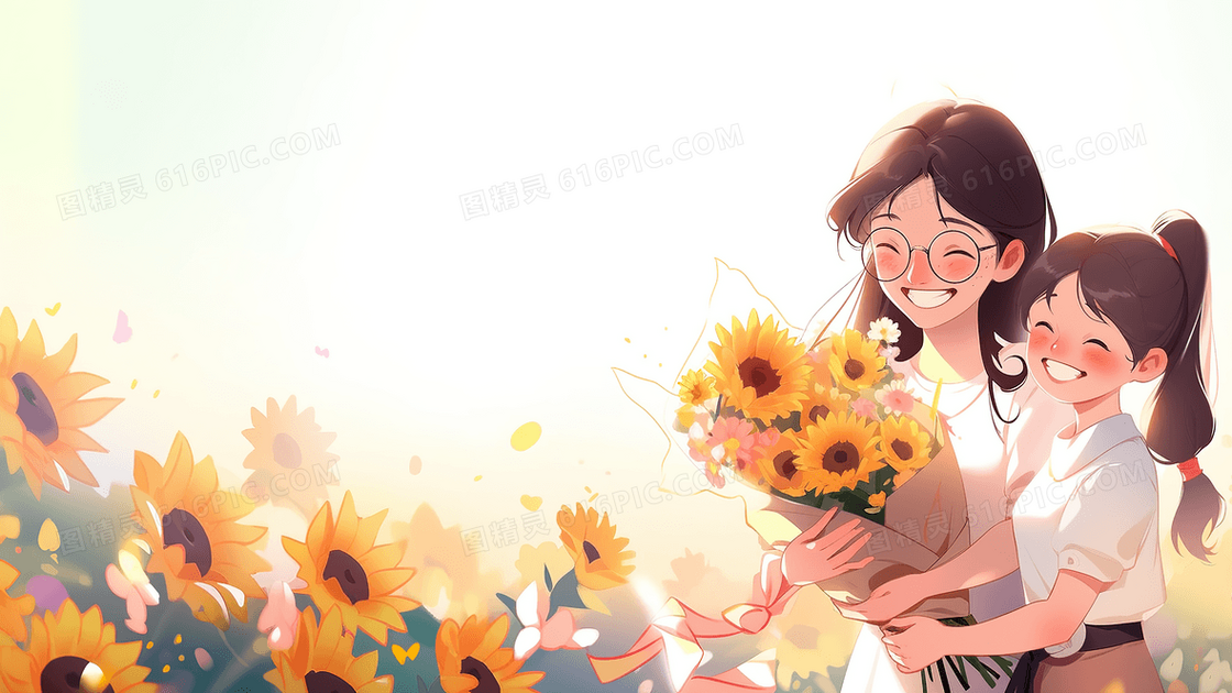唯美清新学生给老师送花教师节创意插画