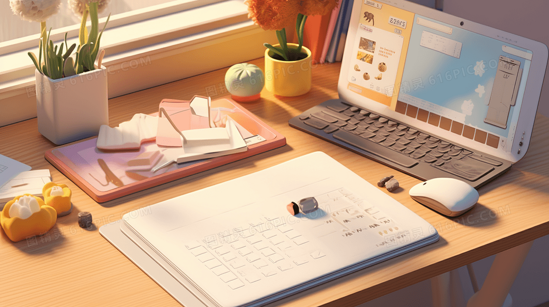 明亮整洁的书桌上平板键盘时间规划表插画