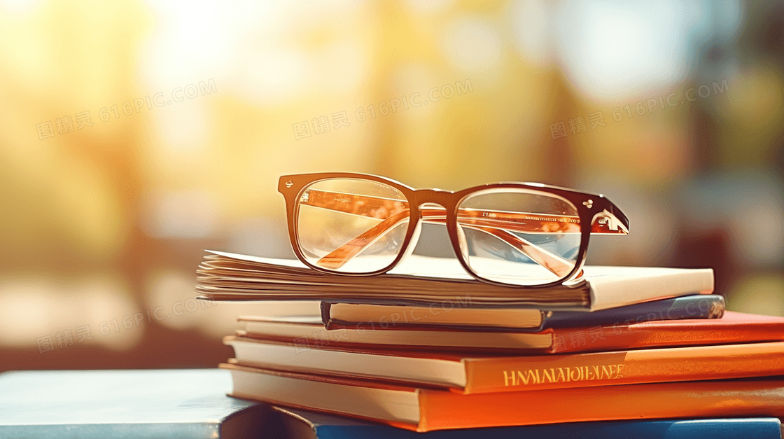 阳光下放在书桌书本上的眼镜插画