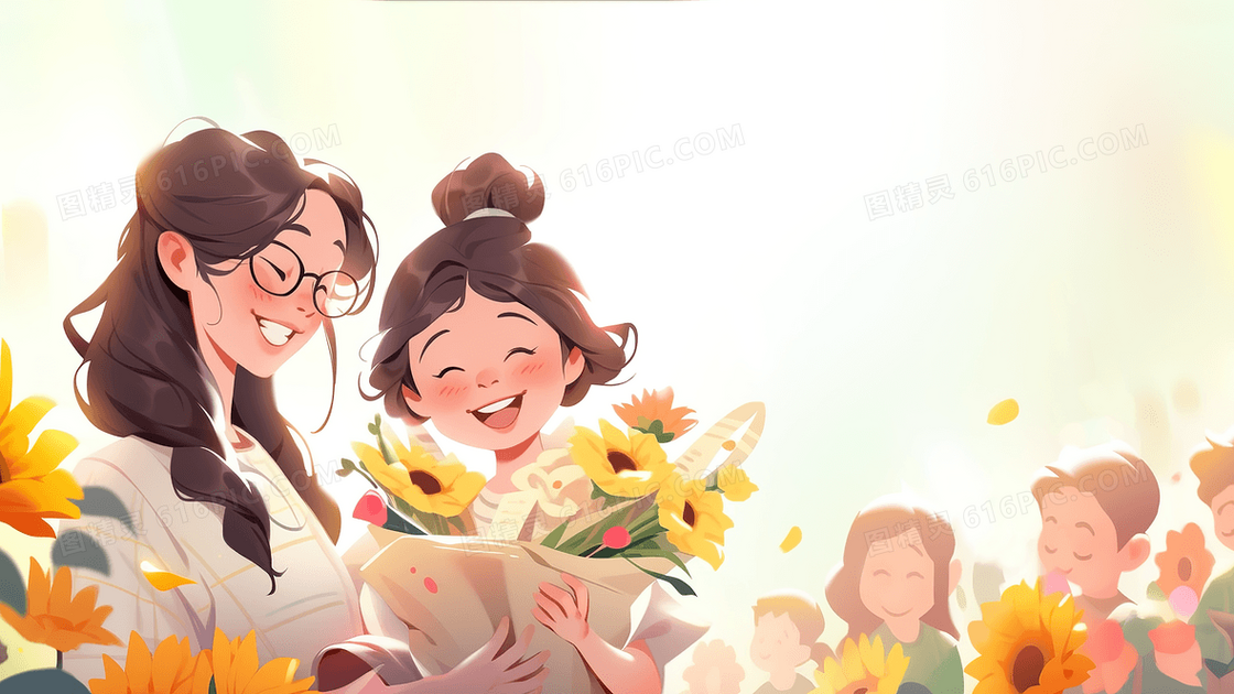 唯美清新学生给老师送花教师节创意插画