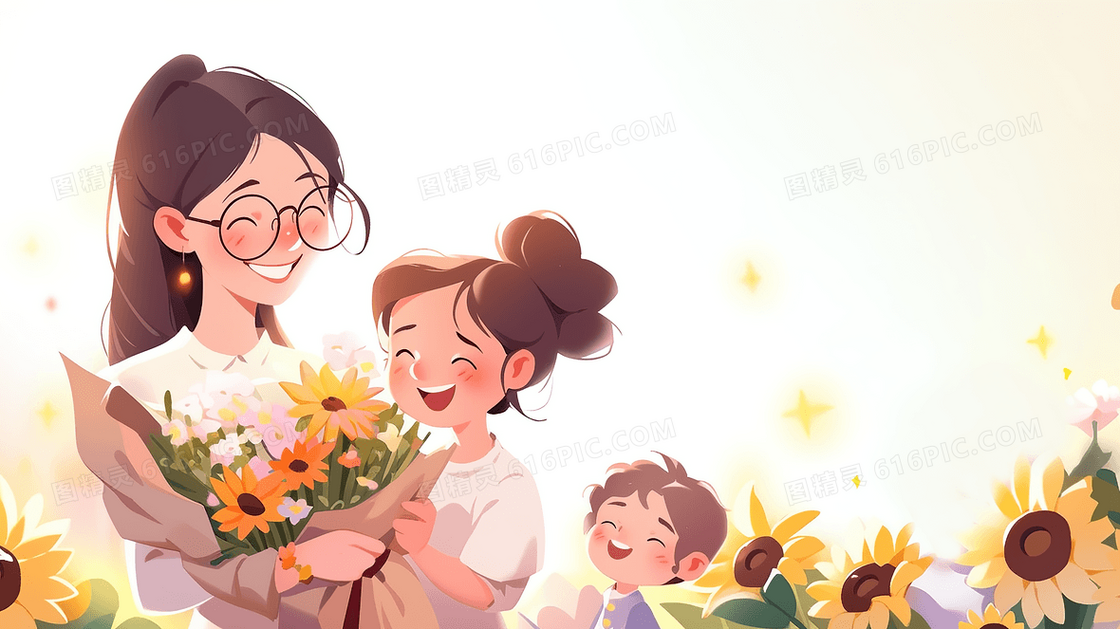 唯美清新学生给老师送花教师节创意插画